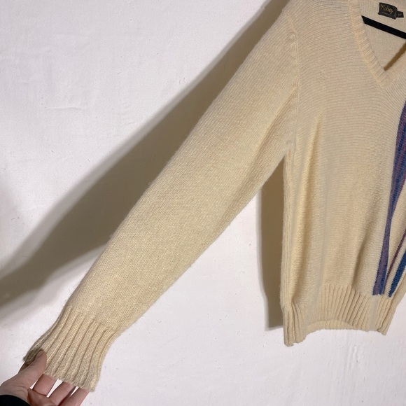 Vintage Wolsey Cream Purple Blue Wool Knit Pullover V Neck Sweater S - Picture 6 of 14